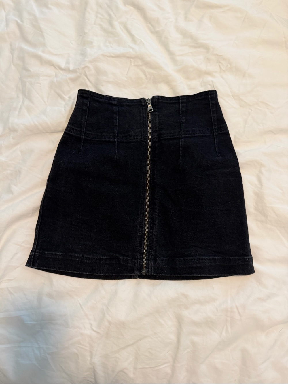 We The Free Black Front-Zip Denim Mini Skirt